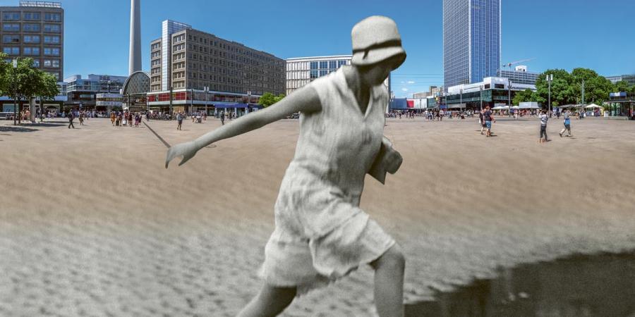  Photo collage: Young woman jumping over a puddle