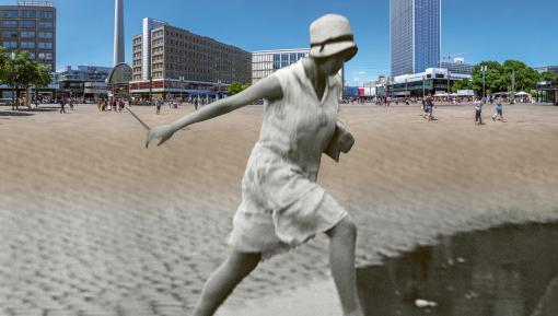  Photo collage: Young woman jumping over a puddle